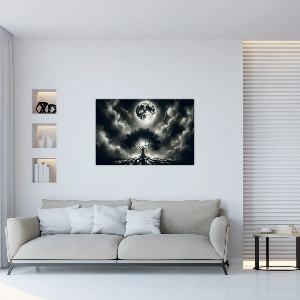 Kép – Fekete-fehér fa teliholdban (90x60 cm)