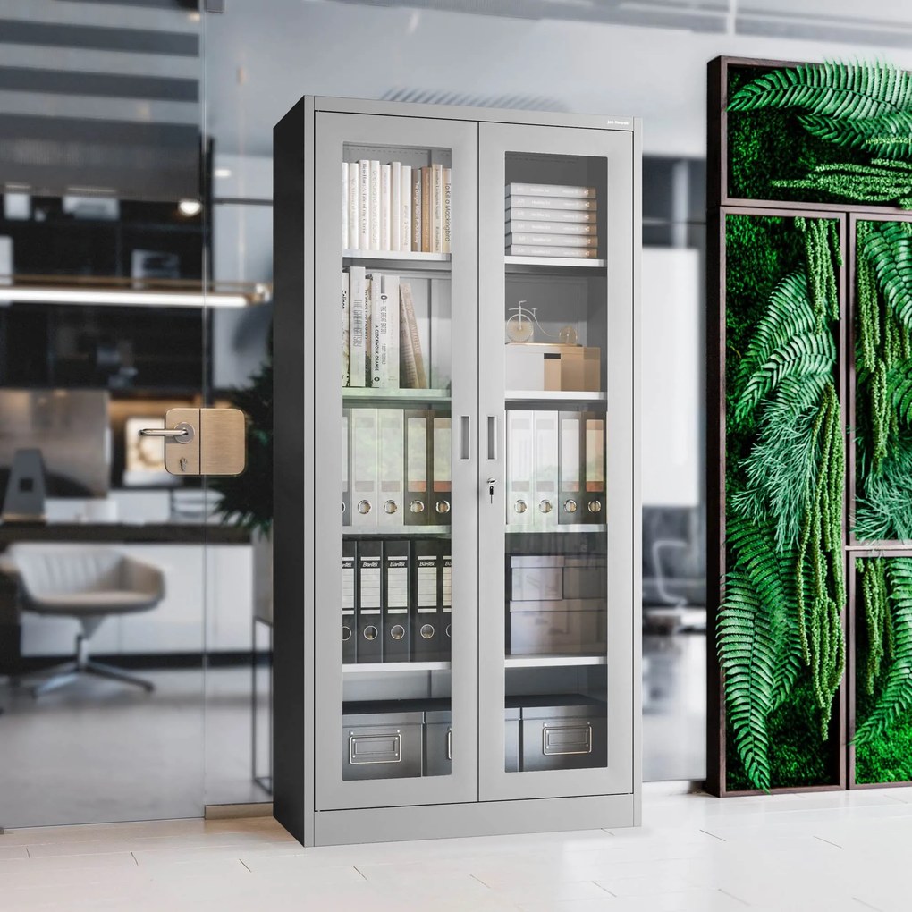 Vitrines fém szekrény üvegezett ajtókkal AMELIA, 900 x 1850 x 400 mm, szürke