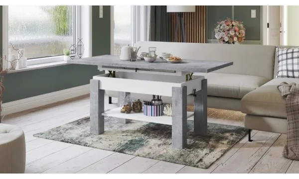 Bővíthető dohányzó-/étkezőasztal polccal ADONIS beton szürke/fehér