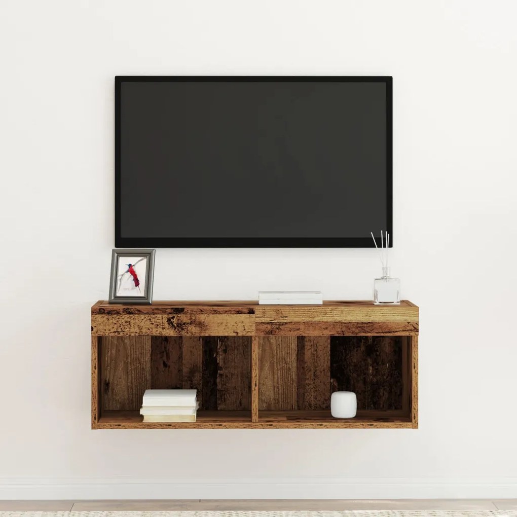 LED-es világítással ellátott TV faliszekrény, régi fa, 80x30x30 cm