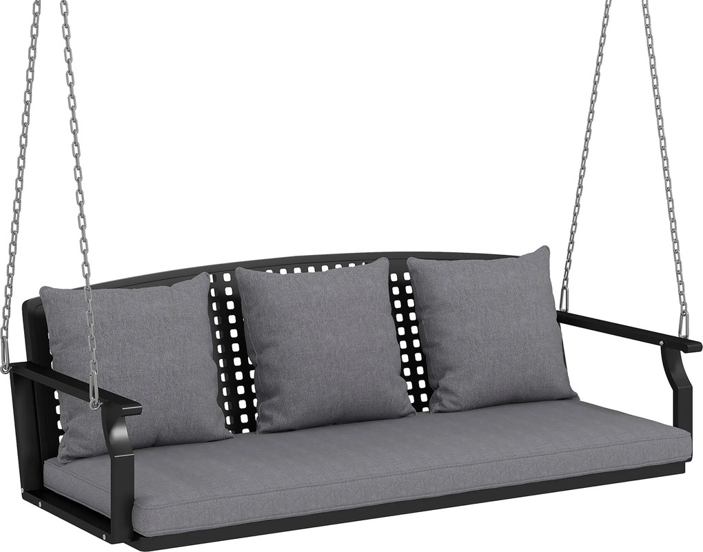 Outsunny 3 személyes függőpad – porszórt acél terasz hinta 3 háttámlapárnával, időjárásálló, 360 kg, szürke | Aosom