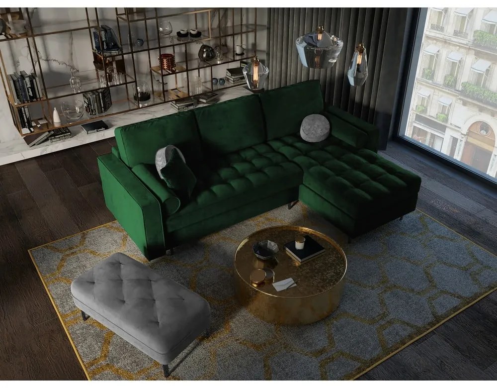 Santo zöld kinyitható bársony sarokkanapé, jobb oldali - Milo Casa