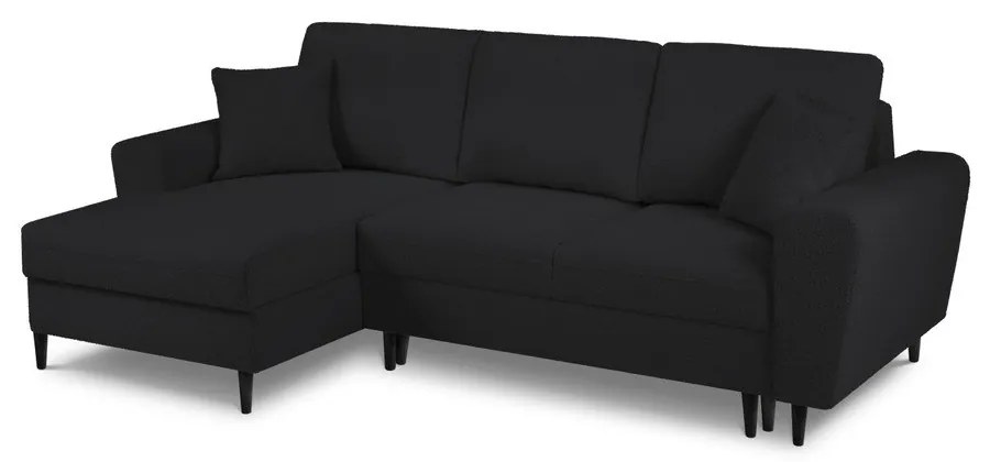 Fekete buklé kinyitható tárolóhelyes sarokkanapé (bal oldali-heverő résszel) Kyoto – Cosmopolitan Design