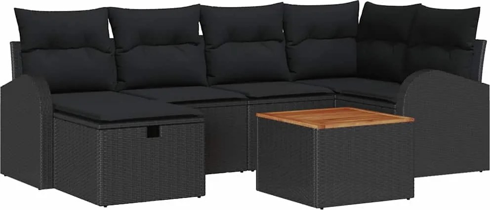 vidaXL Kerti Kanapé Szett párnával tárolóval 7 pcs Fekete Poli rattan