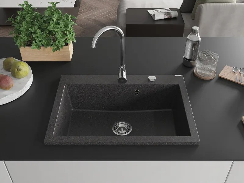 Mexen Elix 1-medencés gránit mosogató 700 x 500 mm, fekete pöttyös, krómozott szifon - 6526701005-76