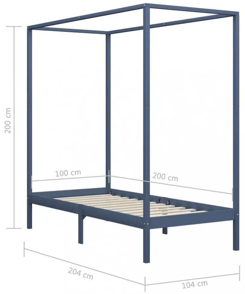 szürke tömör fenyőfa baldachinos ágykeret 100 x 200 cm