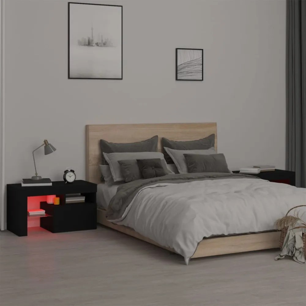 2 db fekete színű LED-lámpás éjjeliszekrény 70x36,5x40 cm