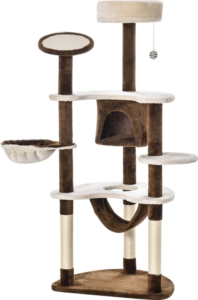 PawHut Kaparófa Macska Barlang Hálóval XXL Macskafa Mászófa Többfunkciós Központ Plüss Barna 65 x 50 x 153 cm | Aosom