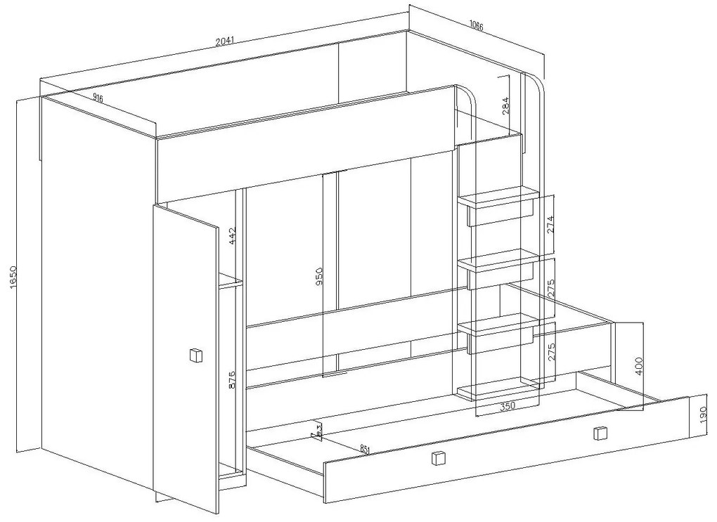 Kombinált gyerekágy 90 cm Toreno 2 (fehér + fényes fehér + fényes fekete fogantyúk). 1083319