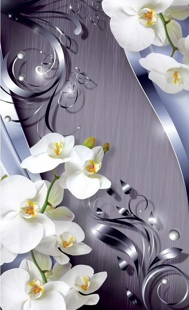 Fotótapéta Orchideák Ezüst és Fehér Virágok Metál Elegancia 206x275 +ragasztó