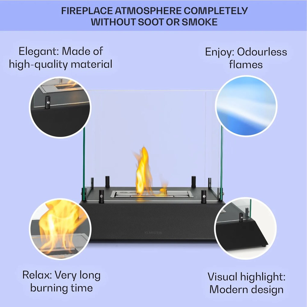 Klarstein Phantasma Cubo, etanol kandalló, rozsdamentes acél égő, füst- és szagmentes, biztonsági üveg