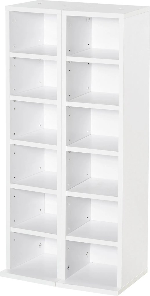 HOMCOM CD vagy DVD Polcok - 12 rekesz, 204 CD tárolására, állítható polccal, nappaliba, hálószobába, irodába, 21x22.5x88.5 cm, Fehér | Aosom