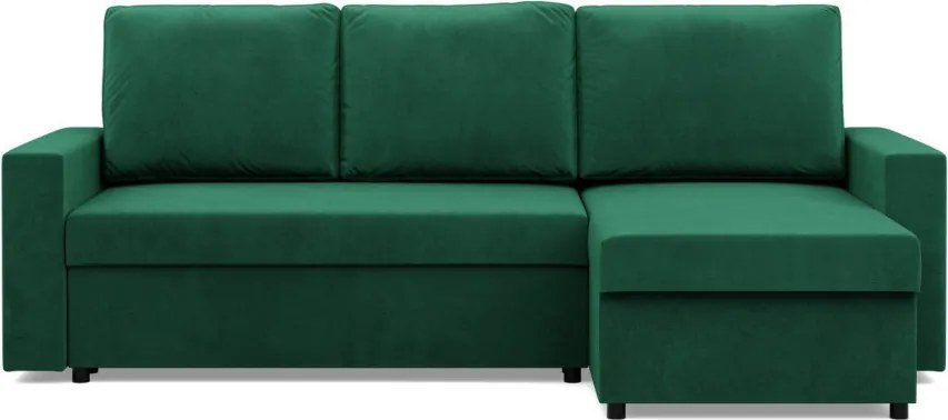 Zeus sarokkanapé, 2 ágyneműtartóval, egyenes kartámasz, bársony, univerzális oldal, bonell töltet, zöld