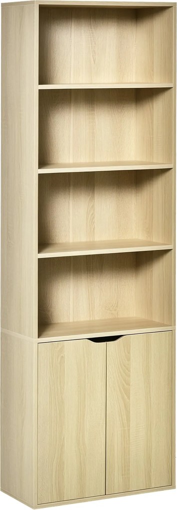 HOMCOM 4 Nyitott Rekeszes és 2 Ajtós Könyvespolc Nappali Tanulószobába Irodába, Terhelhetőség 80 kg, 59x29x180 cm Természetes | Aosom