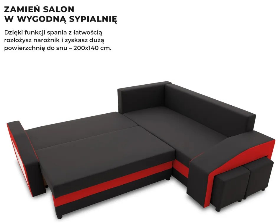 Grande sarokkanapé polcokkal és puffokkal , polc a bal karfaban puffok a jobb karfaban, jobboldali, szövet anyag, bonell töltet, fekete - piros