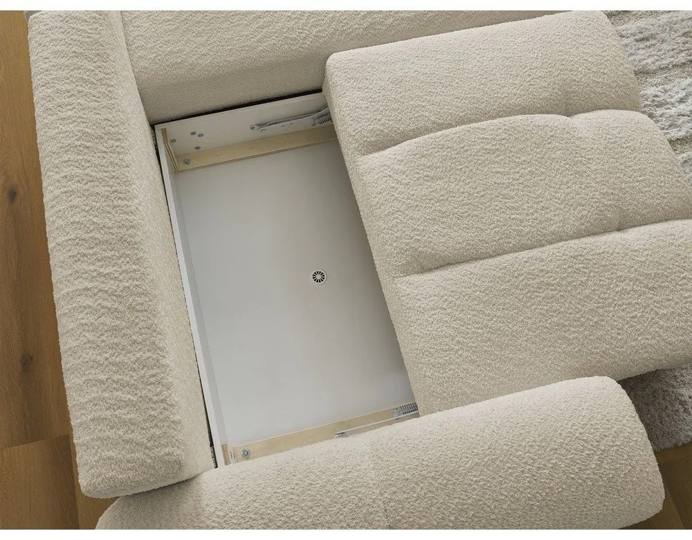 Bézs buklé kinyitható-tárolóhelyes sarokkanapé (jobb oldali-heverő résszel) Roxelane – Bobochic Paris