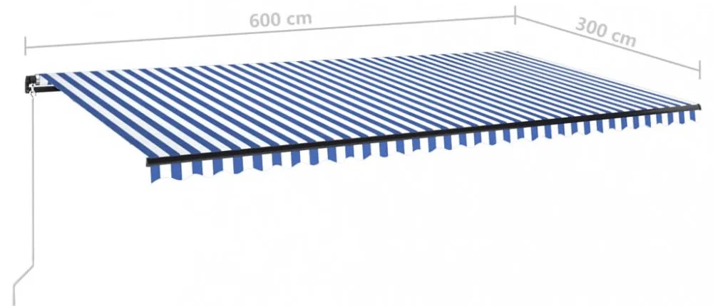 kék és fehér kézzel kihúzható LED-es napellenző 600 x 300 cm