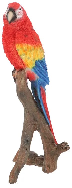 Faágon ülő papagáj polyresin szobor, piros, kültéri és beltéri dekorációs kiegészítő