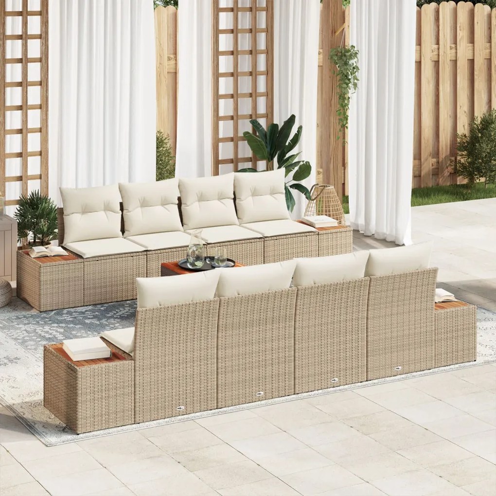 9 részes Kerti Sofa Szett Párnákkal Bézs Poli Rattan Akáciából