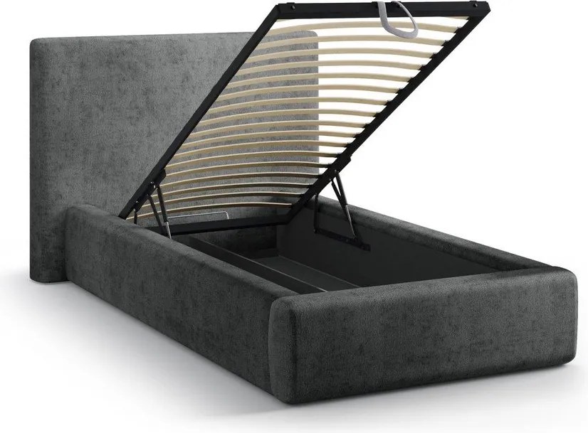 Sötétszürke kárpitozott ágyneműtartós egyszemélyes ágy ágyráccsal 90x200 cm Amy – Micadoni