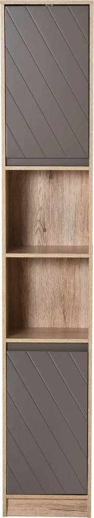 HOMCOM Magas Fürdőszobaszekrény 2 Ajtóval és 2 Nyitott Polccal, Tároló Bútor a Lakóhelyre és Előszobába 30x24x170 cm Tölgy és Szürke | Aosom