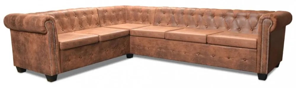 6 személyes barna műbőr Chesterfield sarok kanapé