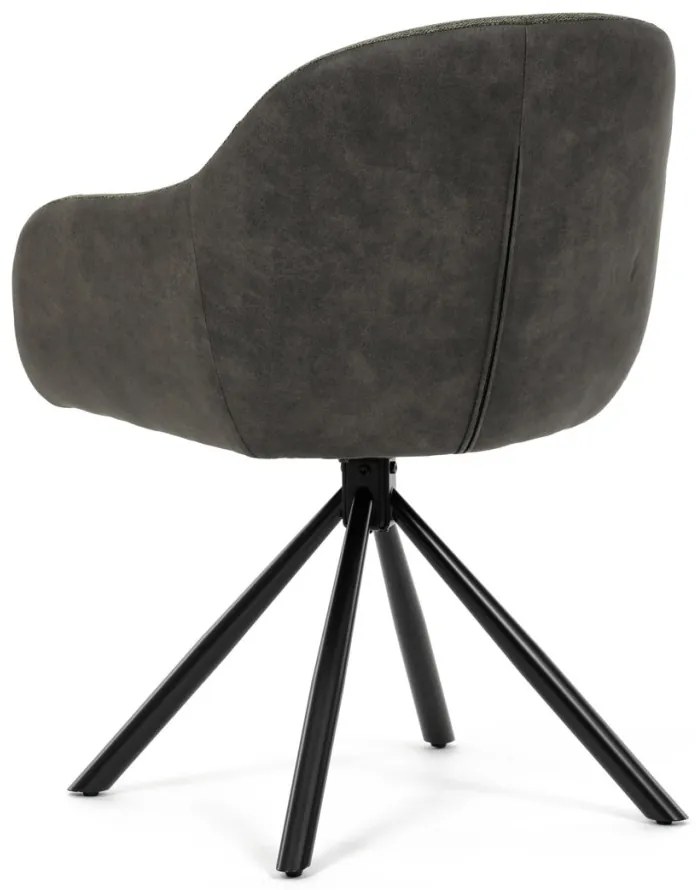Scaun de sufragerie pivotant, țesătură verde și țesătură gri închis, cu decor vintage din piele, metal negru, rotativ P90°+ L90° cu mecanism de retragere