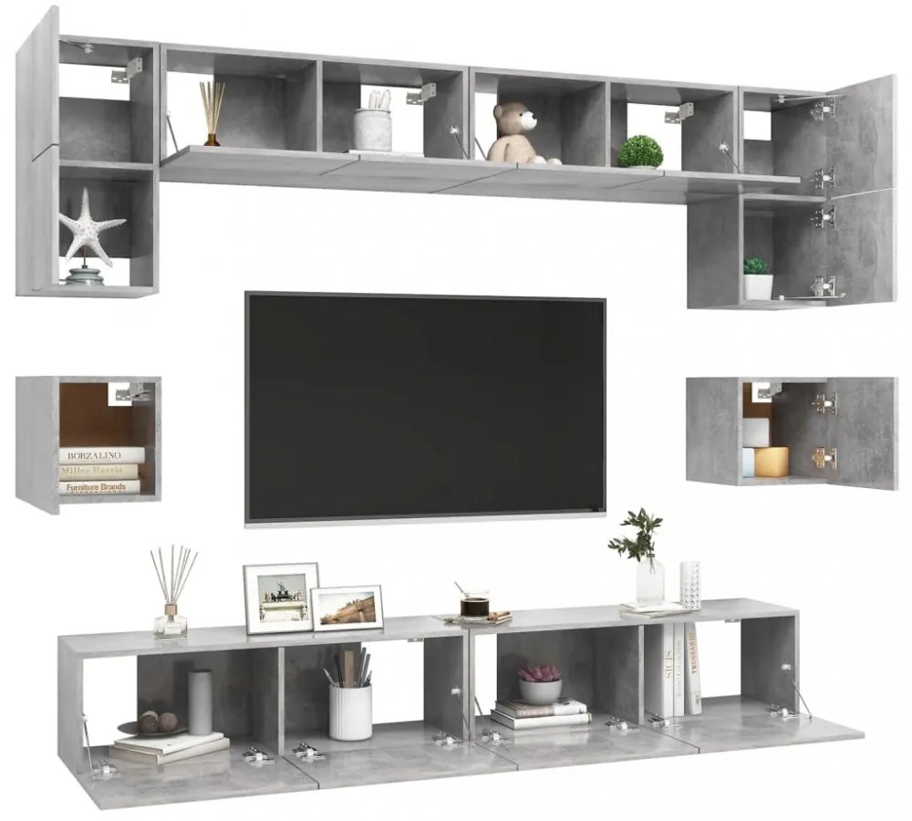 8 részes betonszürke forgácslap TV-szekrényszett