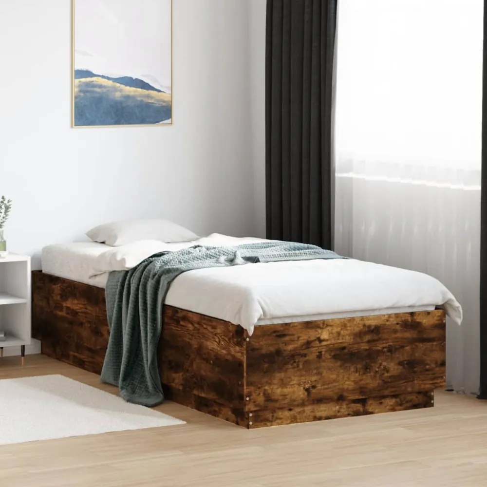 füstös tölgy színű szerelt fa ágykeret LED-del 100 x 200 cm