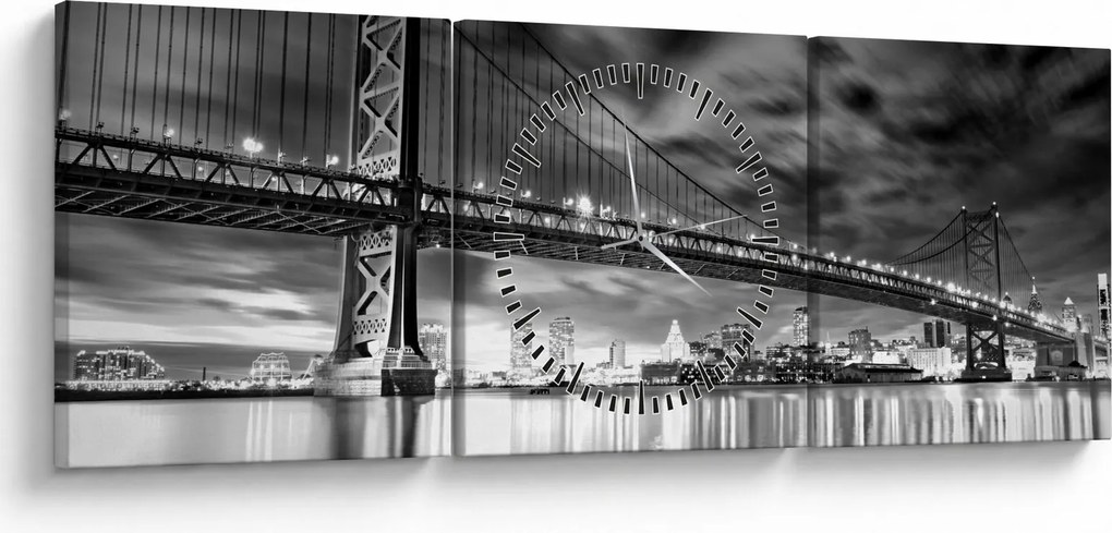 Kép - Benjamin Franklin híd, Philadelphia, fekete-fehér (órával) (90x30 cm)