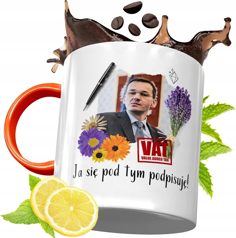 Narancssárga Bögre Mateusz Morawiecki Ajándék fényképes nyomtatással