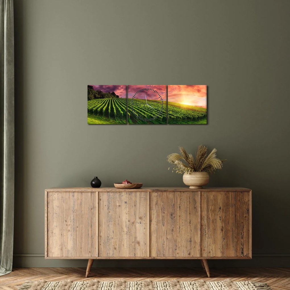 Szőlőskert és a színes égbolt képe (órával) (90x30 cm)