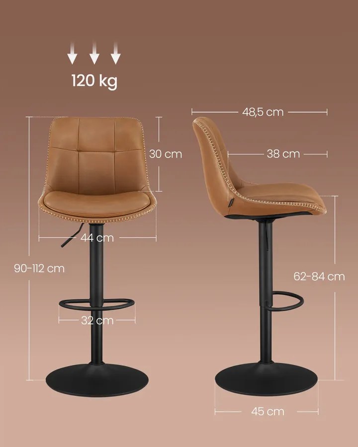 VASAGLE bárszék szett (2 db), magasságában állítható konyhai bárszékek, karamellbarna