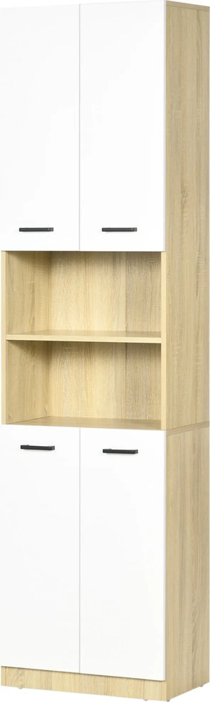kleankin Magas Fürdőszobai Segédszekrény 4 Ajtóval, 2 Nyitott Polccal és Állítható Polcokkal, Modern Stílus, 53x33.5x195.7 cm, Fehér és Tölgy | Aosom