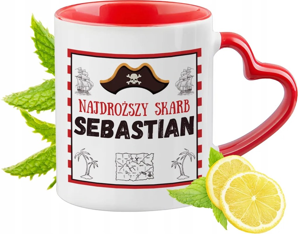 Piros bögre szív alakú füllel Sebastiannak Ajándék