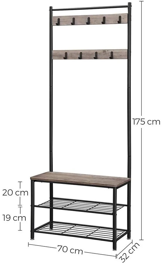 Kabáttartó állvány, cipőtartó üléssel, magasság 175 cm