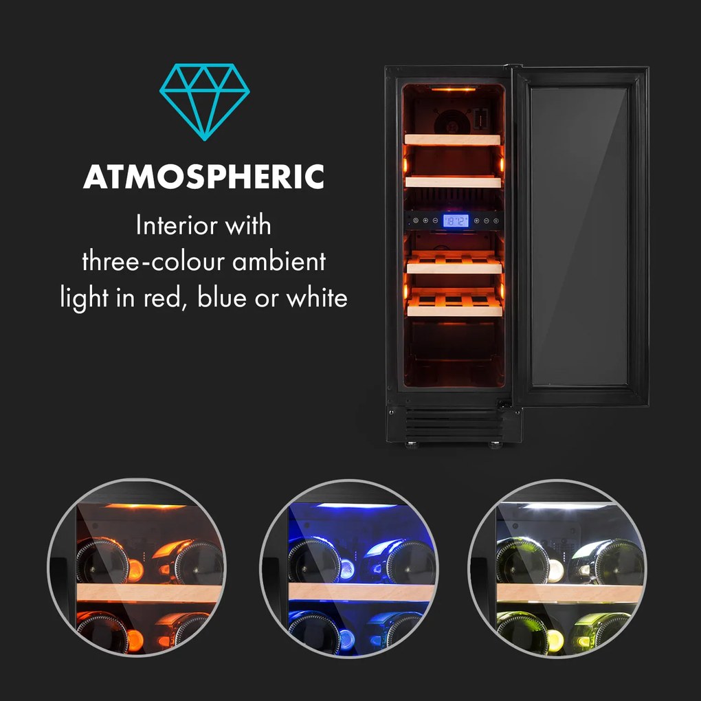 Klarstein Vinovilla 17 Built-in Duo Onyx Edition, kétzónás borhűtő, 53 liter, 17 palack, 3 színű LED világítás, üvegajtó