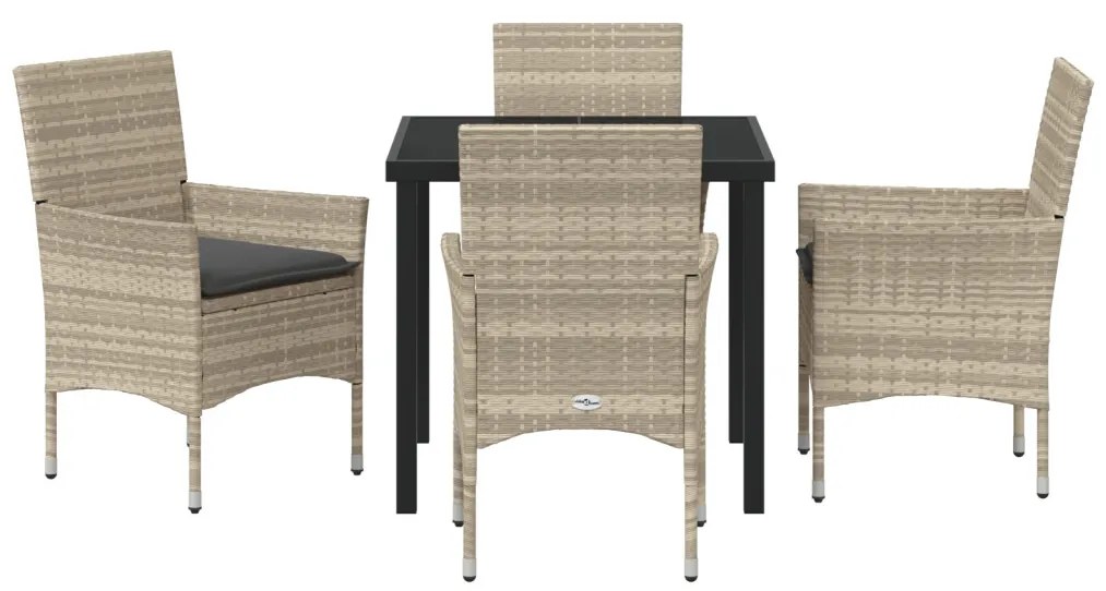5 Darabos Kerti Étkezőszett Párnákkal Világosszürke Poli Rattan, Kerti Asztal Fekete 80x80x73 cm Edzett Üveg