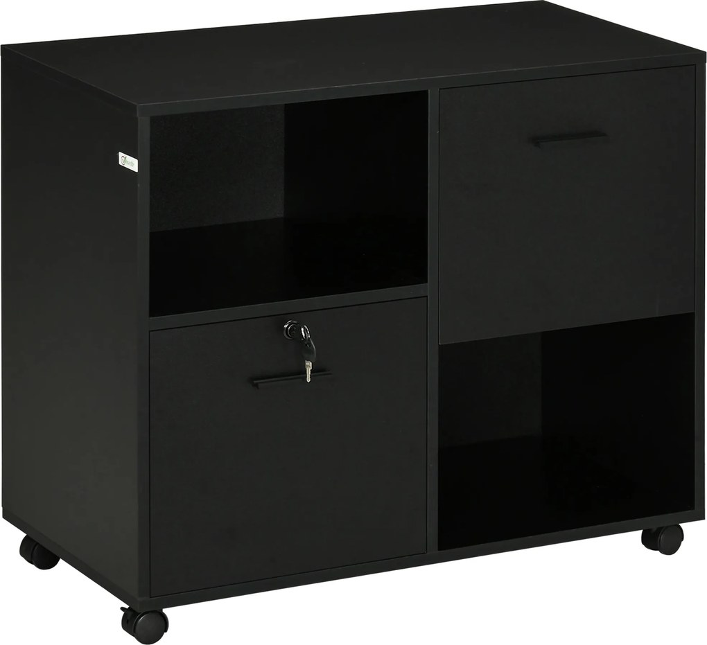 Vinsetto Irodai Fiókos Egység 2 Dokumentum Fiókkal és Nyitott Polcokkal, Forgácslapból, Acélfogantyúkkal, Zárható Kerekekkel, 80x40x66cm, Fekete | Aos