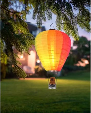 Globo 36138 Solar lámpa, hőlégballon, műanyag ezüstszínű, műanyag barna, textil színű, fém fekete matt, nyomógombos, tűz hatású, AA 600mAh 3V elemmel, IP44, ø: 270mm, M: 440mm, tartozék: 24x LED 0.06W 3V, 1800K