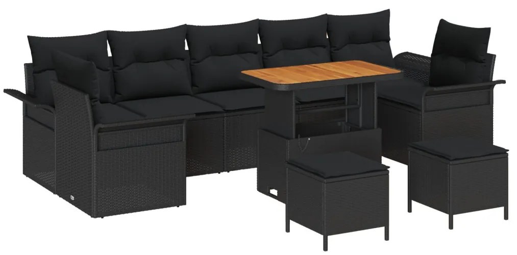 10 darabos kerti kanapé szett párnákkal, fekete poli rattan akác, 2 személyes kerti kanapé tárolóval és párnákkal, fekete poli rattan, 3 darabos kert étkező szett párnákkal, fekete poli rattan akác