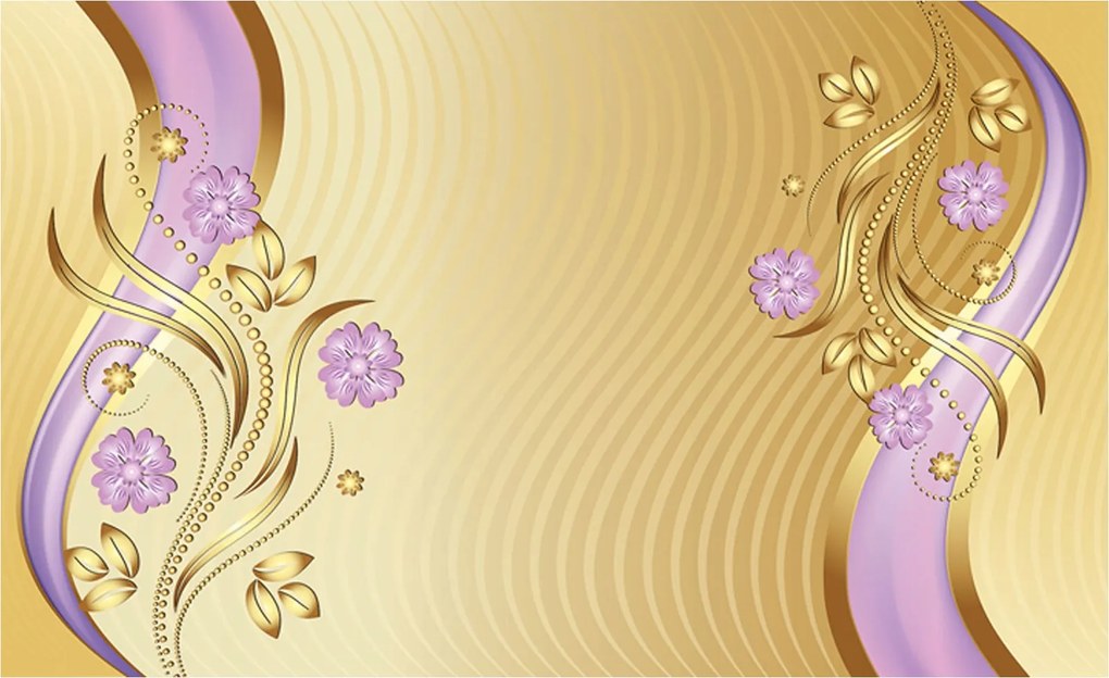 Tapéta Lila-Arany Virágok Díszítés Elegancia a falon 200x140 +ragasztó