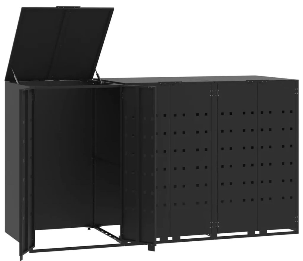 fekete acél kerekes tároló 3 szemeteskukához 207 x 79 x 117 cm