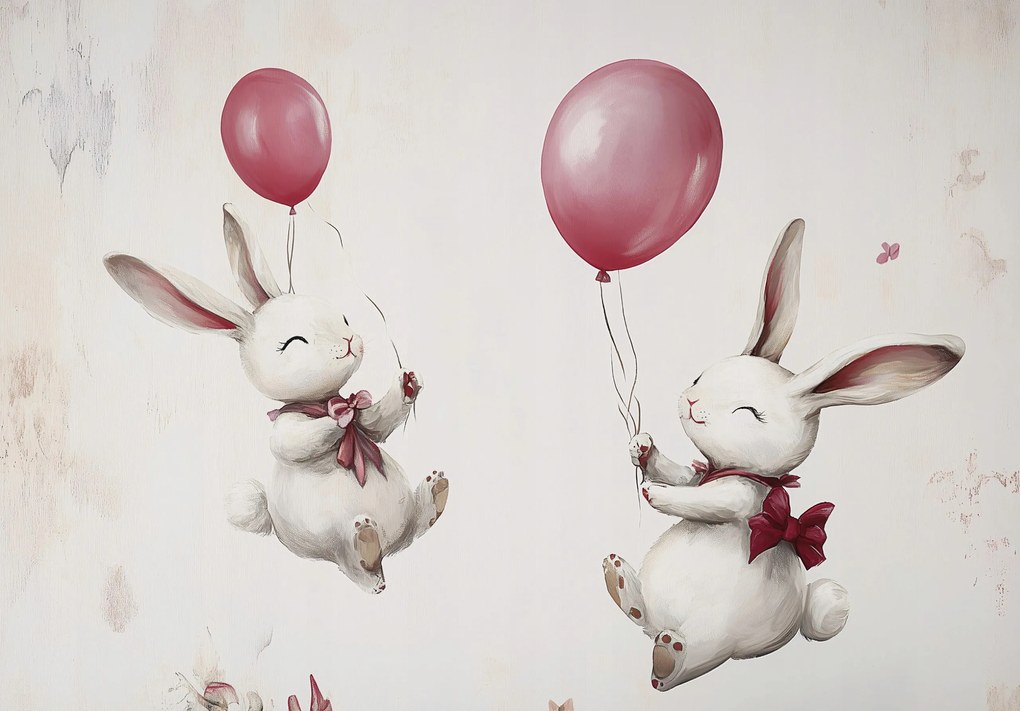 Fotótapéta nyúl léggömb rózsaszín rajz gyerekszoba pasztell háttér