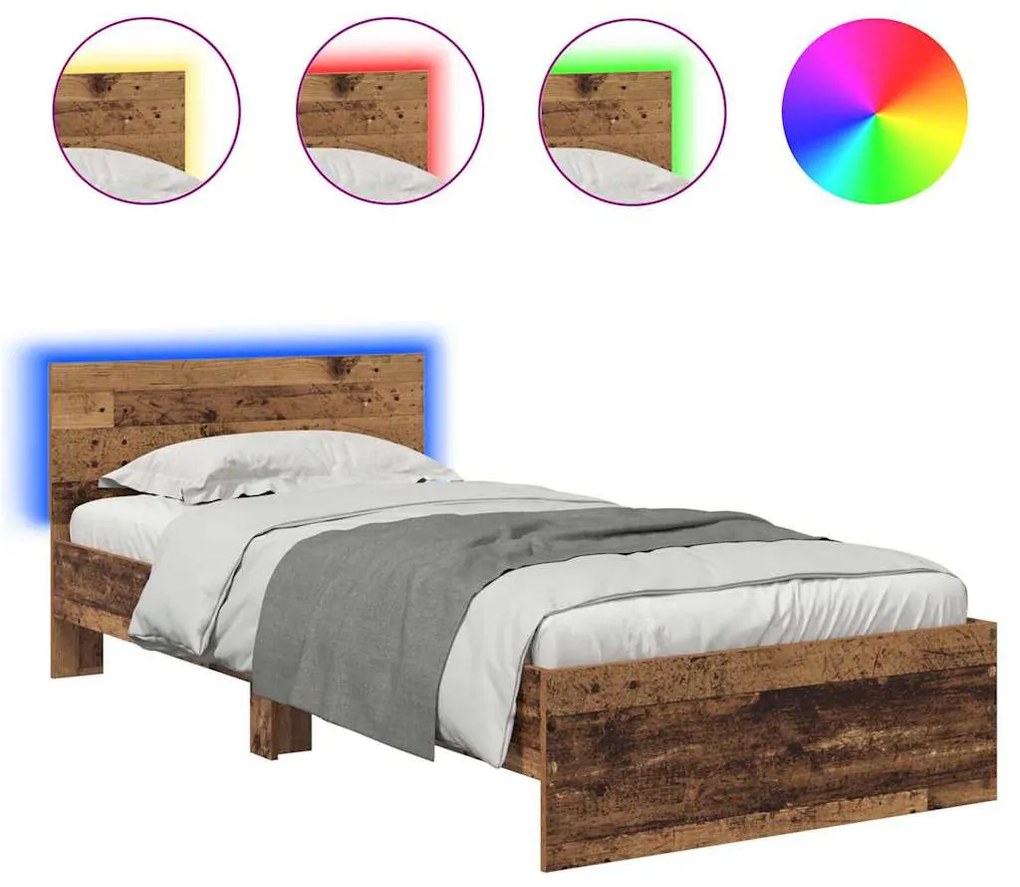 vidaXL Ágykeret LED -es lámpákkal Öreg fa 90 x 200 cm Faanyag