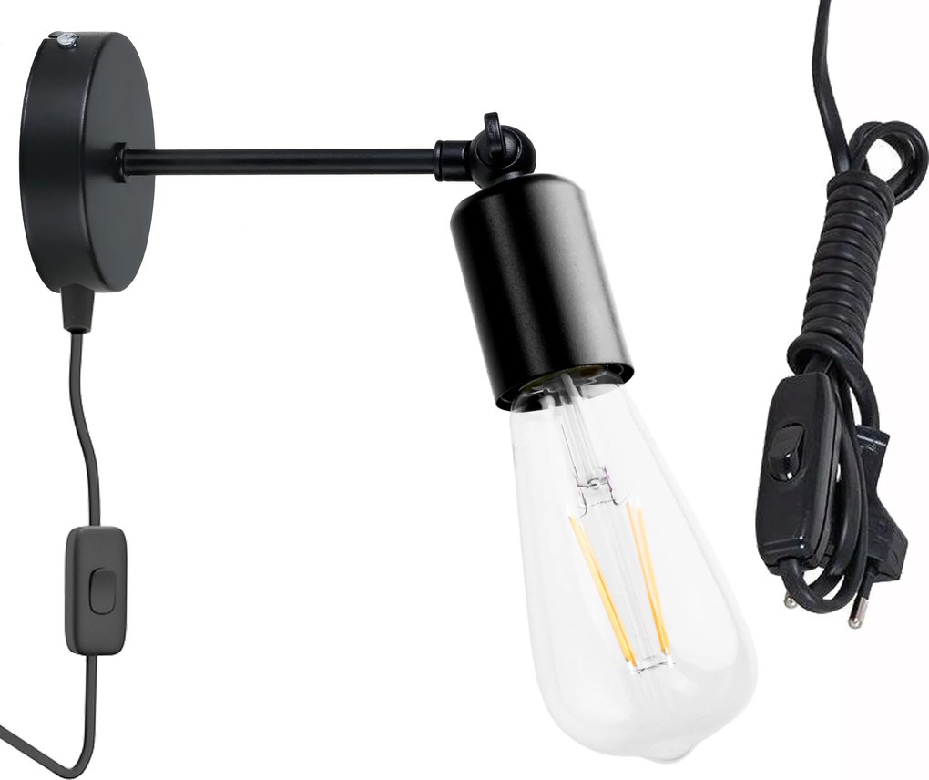 Loft fali lámpa mozgatható 1x E27, on/off kapcsolóval a kábelen