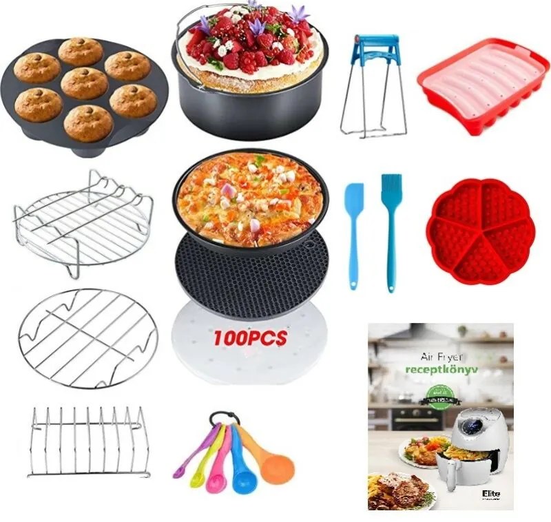 15 részes Air Fryer, olaj nélküli forrólevegős fritőz kiegészítő és tartozék szett receptkönyvvel - 20 cm-es