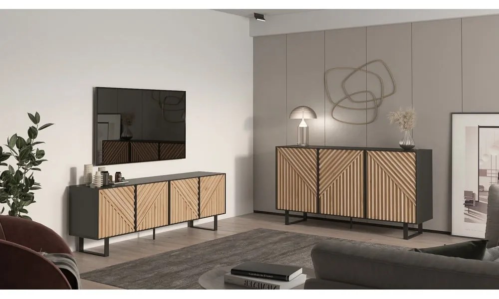 Fekete-natúr színű TV-állvány tölgyfa dekorral 161x55x35 cm Alana – Marckeric