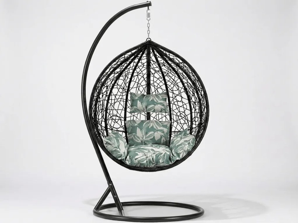 Fekete függő KOKON szék állvánnyal, zöld-fehér párna