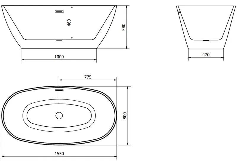 Mexen Eris, szabadon álló kád 155 x 80 cm, fehér-fekete, króm túlfolyó, 53441558075-01